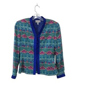 Adrianna Papell Floral Blue Silk Blazer Jacket Vintage Size 6